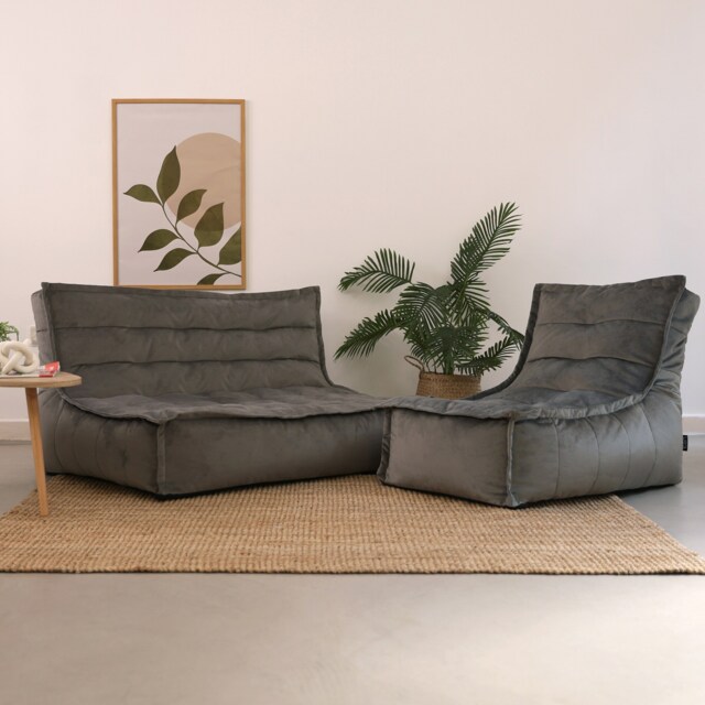 Kota Velvet XL Bean Bag Sofa & Lounger Set Grey Bean Bag Chair Grey Grey L 1