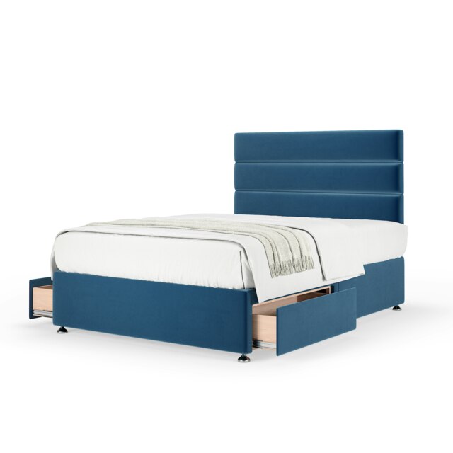 Signature Platinum 2000 Pocket Sprung Blue Plush Velvet 2 Drawer Divan Set And Milan Headboard Small Double