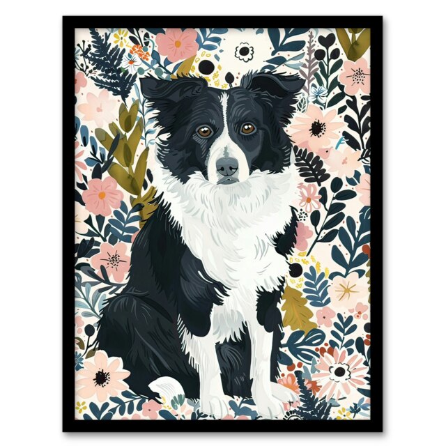 Border Collie Dog Lover Pink Floral Portrait Black Framed Wall Art Print A4