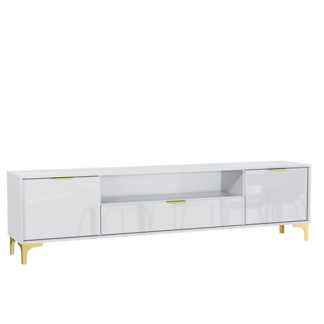 TV Unit 200cm White High Gloss Doors with Gold Legs and Drawer White One Size 1