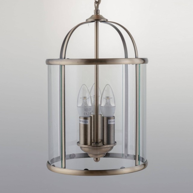 Antique Brass 3 Light Lantern Style Pendant Yellow Antique brass plate and clear glass Small 1