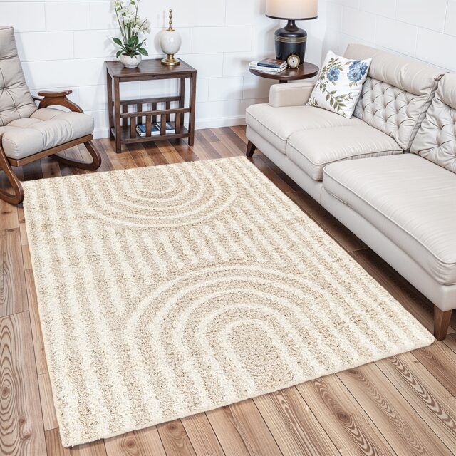 LIVABLISS Urban Shaggy-Modern Soft Plush Pile Rug 160 x 220 cm Beige Ivory Cream Green