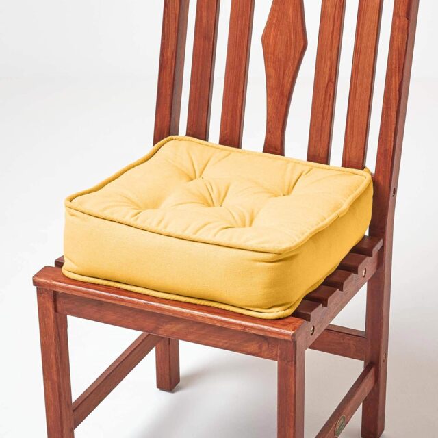 "Homescapes Mustard Cotton Dining Booster Cushion Yellow Mustard 40 x 40cm x 10cm (16"" x 16"" x 4"")"
