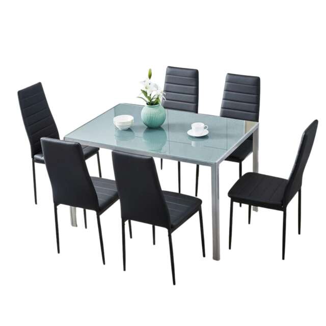 Grey Glass Dining Table Set With 6 Black Metal Chairs Kitchen Dining Room Furniture
