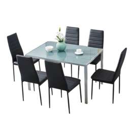 Grey Glass Dining Table Set With 6 Black Metal Chairs Kitchen Dining Room Furniture