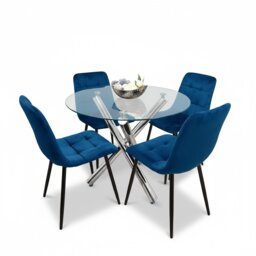 Round Glass Dining Table With 4 Blue velvet Chairs Dining Set