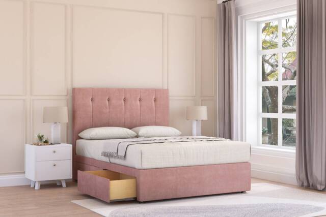 "Sloomy Highbury Pink Plush Divan Bed With Mattress 2 Drawers Same Side With 26"" Strutted Headboard 2'6 Small Single Pink Pink Small Single 1"