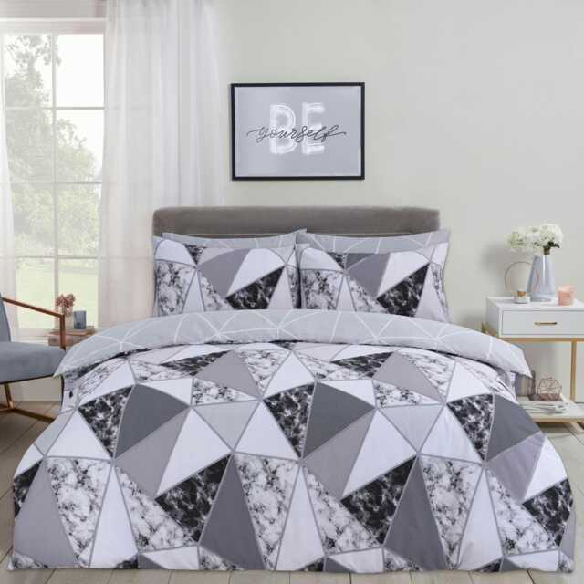 OHS Geometric Marble Print Duvet Cover and Pillowcase Set, King - Charcoal