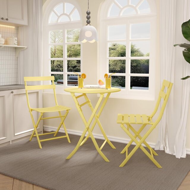 London Boutique 3 Piece Bistro Table and Chairs, Waterproof Folding Cafe Table and Chairs Wrought Iron Bistro Set, Anti-Rust, Foldable Small Bistro Set for Small Space/Indoor/Outdoor/Porch/Lawn/Balcony