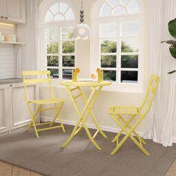 London Boutique 3 Piece Bistro Table and Chairs, Waterproof Folding Cafe Table and Chairs Wrought Iron Bistro Set, Anti-Rust, Foldable Small Bistro Set for Small Space/Indoor/Outdoor/Porch/Lawn/Balcony