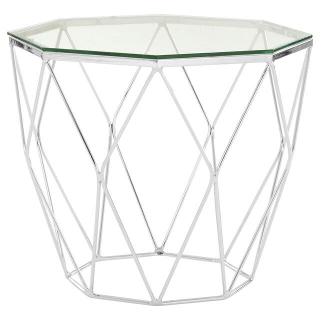 Tempered Glass and Chrome Hexagon End Table,Geometric Chrome Finish Small Side Table,Glass Top Side Table Silver
