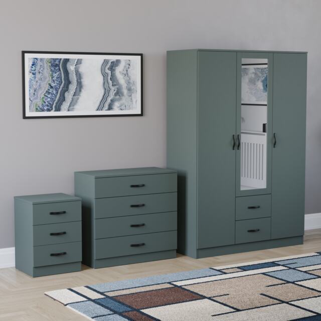 Vida Designs Riano 3 Piece Bedroom Set (3 Drawer Bedside Chest, 4 Drawer Chest, 3 Door 2 Drawer Mirrored Wardrobe), Green (5)