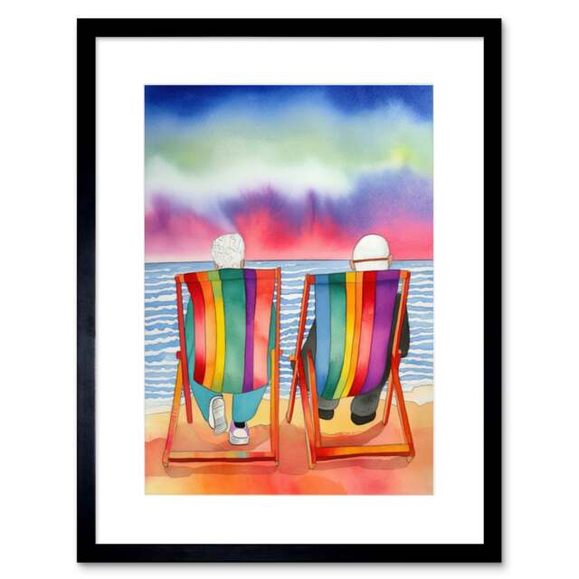 "Couple Beach Sunset Aurora Borealis Sky 9x7"" Black Framed Wall Art Print"