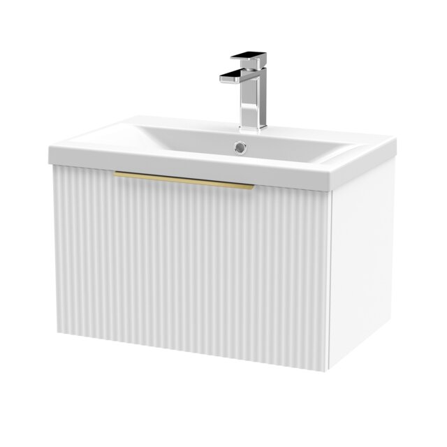 Balterley Fluted Front Wall Hung 1-Drawer Bathroom Vanity Unit with 1 Tap Hole Basin, Handles White Satin White