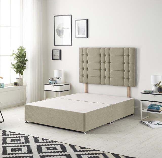 Astoria Divan Bed Base with 30 Inch Diamonte Button Headboard Linen Fabric Brown Wheat Super King