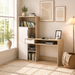 Function Plus Desk Multi Functional Desk with Drawer and 1 Door in White and Oak