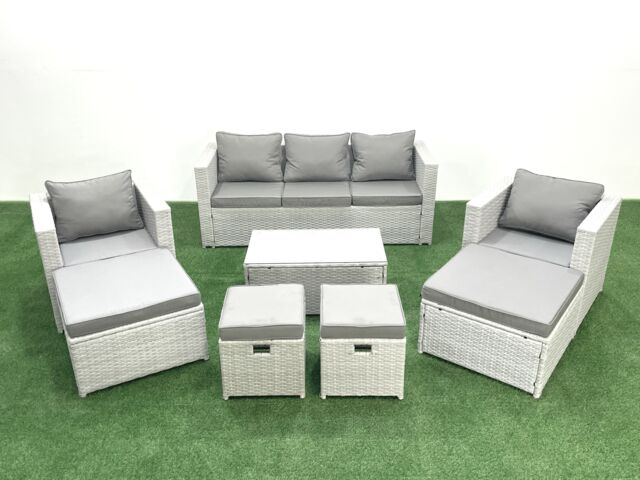 Fimous 8 Pieces Rattan Garden Furniture Set Outdoor Garden Sofa Chair Coffee Table Set with 4 Footstools Light Grey Mixed