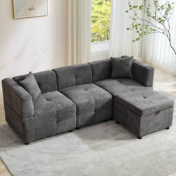 VILUXE 204cm 4-Seater L-Shaped Corner Sofa with Removable Storage Ottoman & 2 Cushions, Fabric, Grey