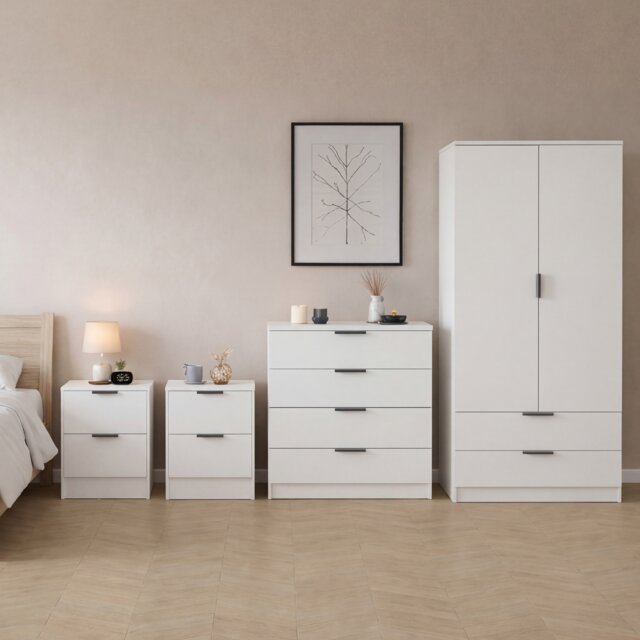 Vida Designs Trega 4 Piece Bedroom Set (2 Drawer Bedside Chest x2, 4 Drawer Chest, 2 Door 2 Drawer Wardrobe) White