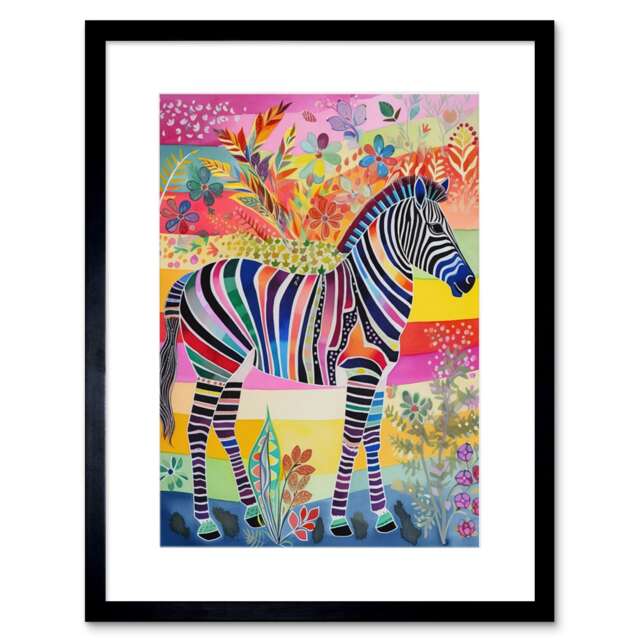 "Zebra Rainbow Floral Abstract Folk Art 9x7"" Black Framed Wall Art Print"