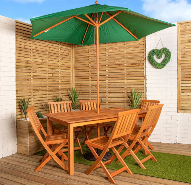 Outdoor 6 Person Rectangular Wooden Garden Patio Dining Table Chairs with Green Parasol and Base Set