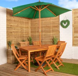 Outdoor 6 Person Rectangular Wooden Garden Patio Dining Table Chairs with Green Parasol and Base Set