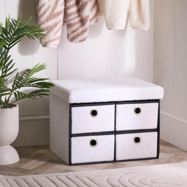 OHS 4 Drawer Boucle Ottoman Storage Cube Unit Chest Shoe Organiser, White White