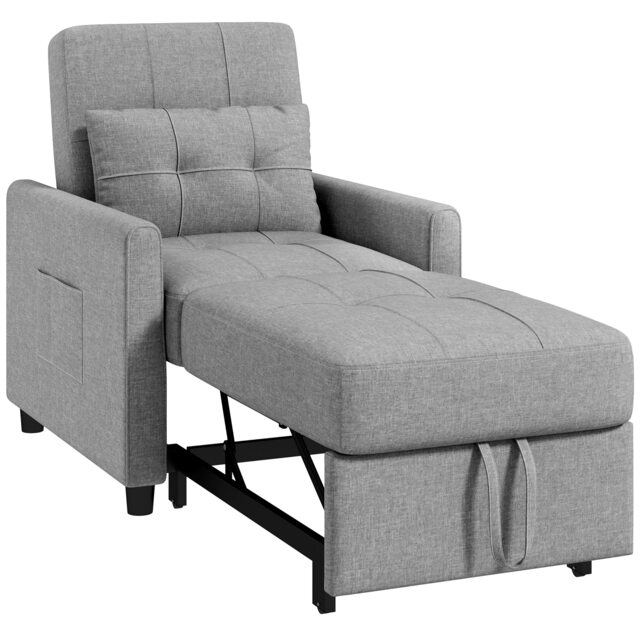 HOMCOM Compact Single Chair Bed, Pull Out Bed, Convertible Sleeper Chair with Adjustable Backrest, Pillow, Side Pockets for Home Office, Bedroom, Living Room, Light Grey