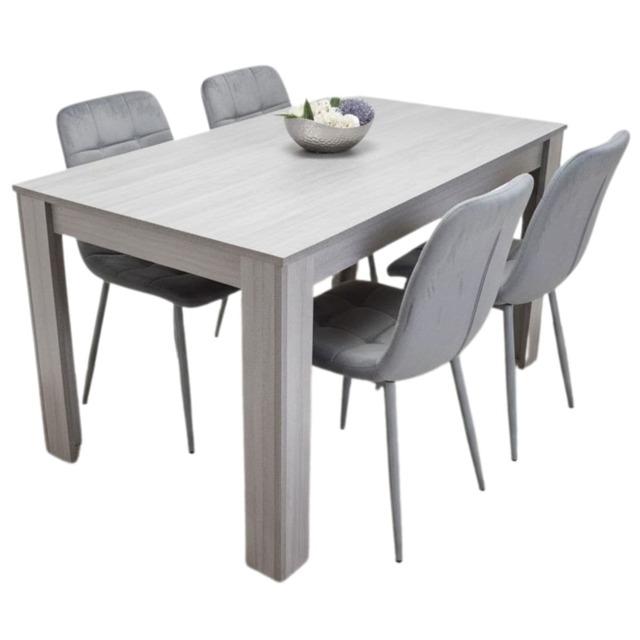 Grey Wood Dining Table with 4 Grey Velvet Chairs Dining Set Furniture