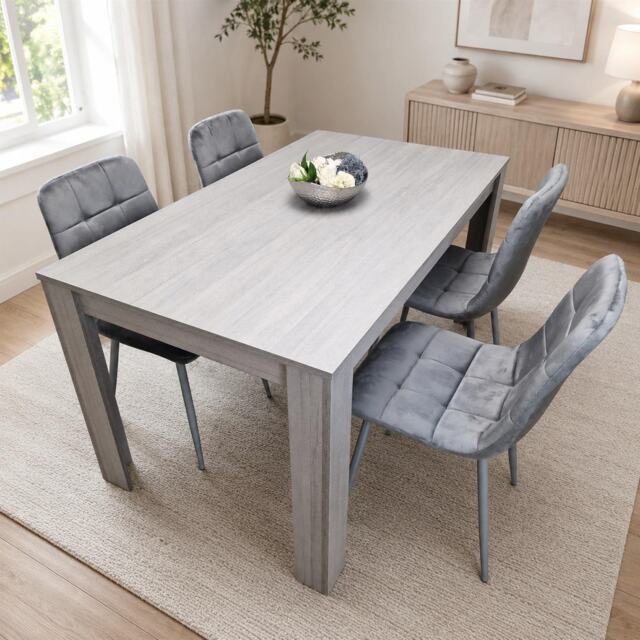 Grey Wood Dining Table with 4 Grey Velvet Chairs Dining Set Furniture