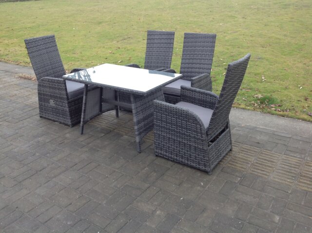 Fimous Oblong Rectangular Table Adjustable Reclining Chair Rattan Dining Set Outdoor Garden Furniture Table And Chair Set Mixed Grey 4 Chairs