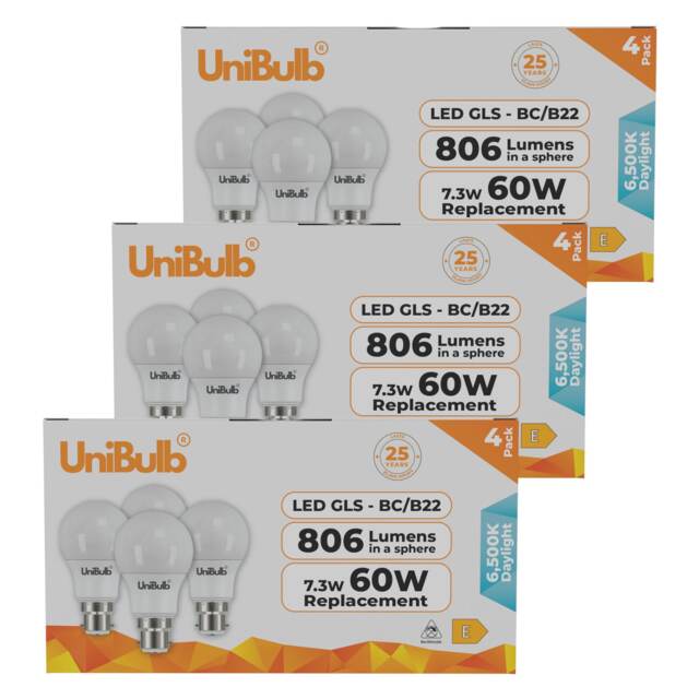 UniBulb LED GLS B22 Bayonet Cap (BC) 806lm 7.3W (Replaces 60W) 6500K (Daylight) Light Bulb - Pack of 12