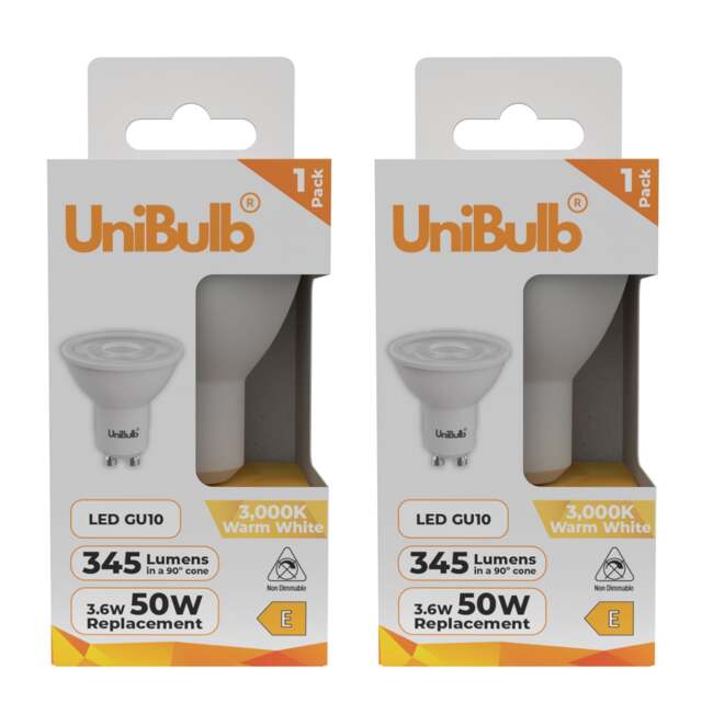 UniBulb LED GU10 345lm 3.6W (Replaces 50W) 3000K (Warm White) Spotlight Downlight Light Bulb - Pack of 2