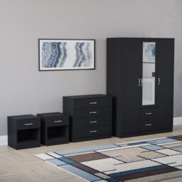 Vida Designs Riano 4 Piece Bedroom Set (2x 1 Drawer Bedside Chest, 4 Drawer Chest, 3 Door 2 Drawer Mirrored Wardrobe) - Black
