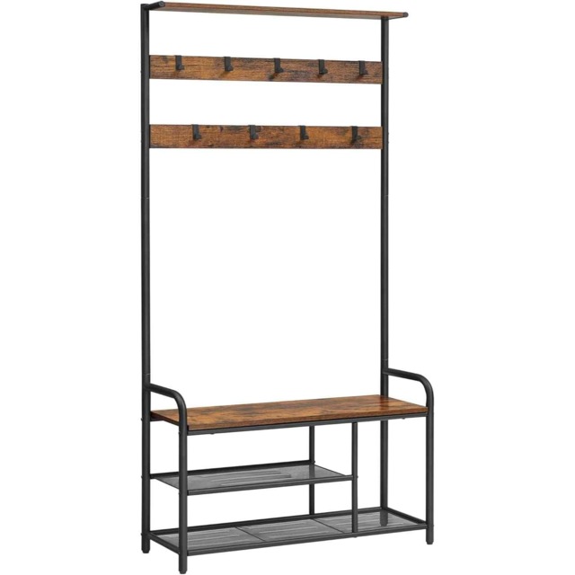 Hall Tree with Bench, Shoe Rack and 9 Removable Hooks, Freestanding Entryway Storage, Rustic Brown and Black