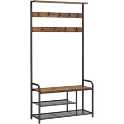 Hall Tree with Bench, Shoe Rack and 9 Removable Hooks, Freestanding Entryway Storage, Rustic Brown and Black