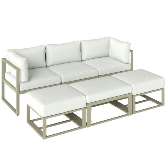 Outsunny 6 PC Garden Daybed, Sectional Sofa Set with Coffee Table, Footstool Cream Cream White Five Plus Seater