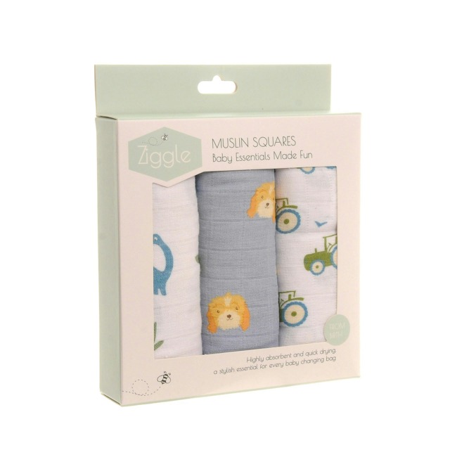 Ziggle Muslin Square 3 Pack - Blue - Tractor, Dinosaur & Dog White Blue L