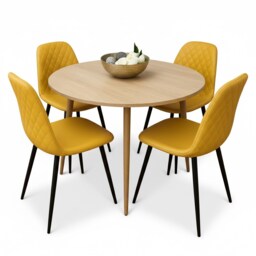 Round Dining Table Set With 4 Mustard Faux Leather Chairs Dining Room Furniture
