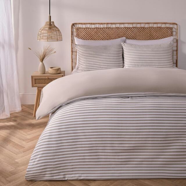 OHS Stripe Embossed Duvet Cover and Pillowcase Bedding Set, Double - Natural