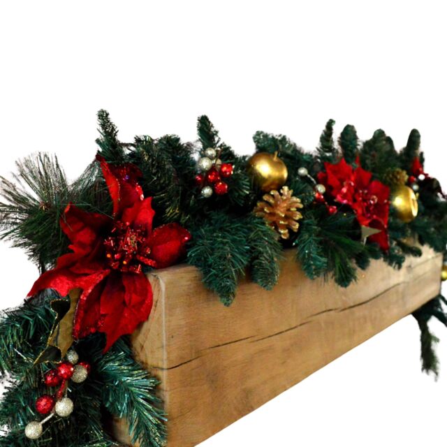 180cm (6ft) Deluxe Red and Gold Poinsettia Christmas Garland Decoration