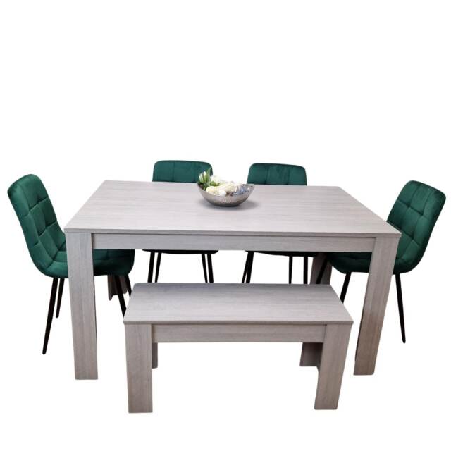 Modern Grey Rectangle Dining Table Set With 4 Green Velvet Chairs And 1 Bench Dining Room Furniture