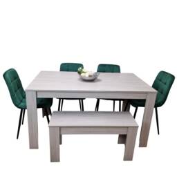 Modern Grey Rectangle Dining Table Set With 4 Green Velvet Chairs And 1 Bench Dining Room Furniture