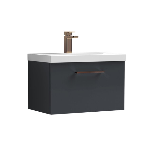 Balterley Wall Hung Bathroom 1 Drawer Vanity Unit and 1 Tap Hole Ceramic Basin, with Handle Grey Soft Black