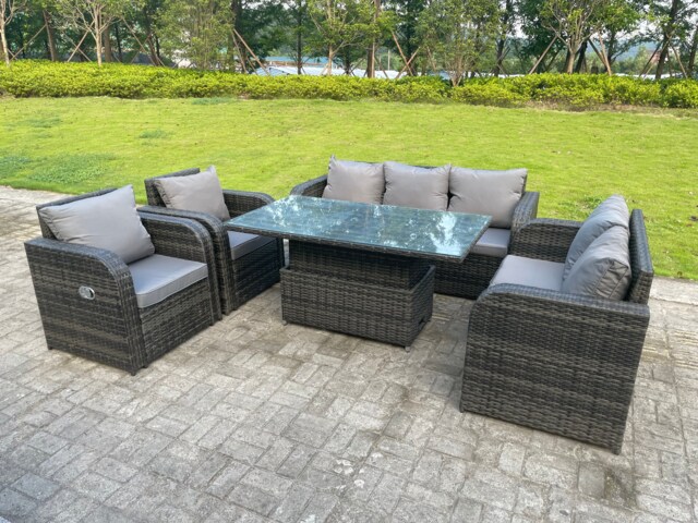 Fimous Dark Mixed Grey Rattan Outdoor Garden Furniture Lifting Adjustable Dining Or Coffee Table Sets Love Seat 2 Seater Sofa 3 Seater Sofa Reclining Chairs 7 Seater