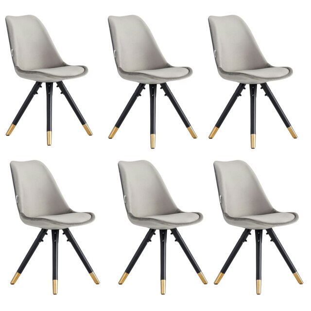 Set of 6 Sofia Ergonomic Modern Dining Chairs Upholstered in Velvet, Metal Legs with Gold End Tips Grey Dark Grey