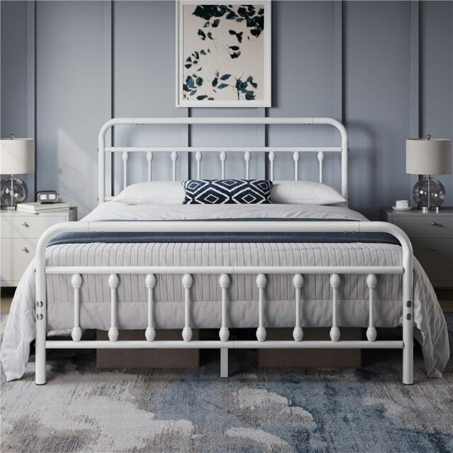 Yaheetech 5ft King Vintage Iron Platform Bed with High Headboard White
