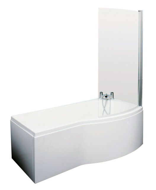 Balterley Right Hand B Shape Shower Bath Bundle & Tub, Curved Safety Glass Screen & Matching Front Panel White White