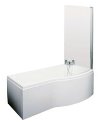 Balterley Right Hand B Shape Shower Bath Bundle & Tub, Curved Safety Glass Screen & Matching Front Panel White White
