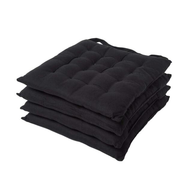Homescapes 4 x Seat Pads Luxury Cotton Indoor Outdoor Garden Dining Cushion Black 40 x 40 cm 4